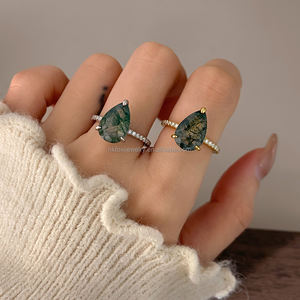 Bague de fiançailles et de mariage classique de luxe pour femme, plaquée or 18 carats, avec pierre précieuse agate mousse - Product Image 4