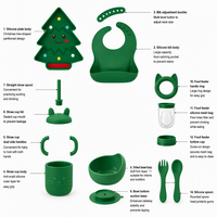 Ensemble d'alimentation pour bébé en silicone vert, comprenant assiette, bavoir, tasse à paille, bol, cuillère, fourchette et distributeur de nourriture, motif sapin de Noël, pour repas d'enfants