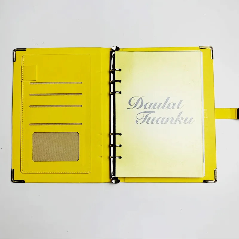 Carnet de notes d'affaires en cuir à spirale à feuilles mobiles couverture rigide jaune de bureau avec cahier de reliure à boucle magnétique personnalisé accepté