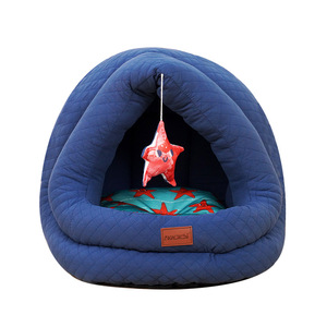 Lit pour chat Akogchi, rond, semi-fermé, maisonnette chaude pour l'hiver avec motif d'étoiles pour chats - Product Image 5
