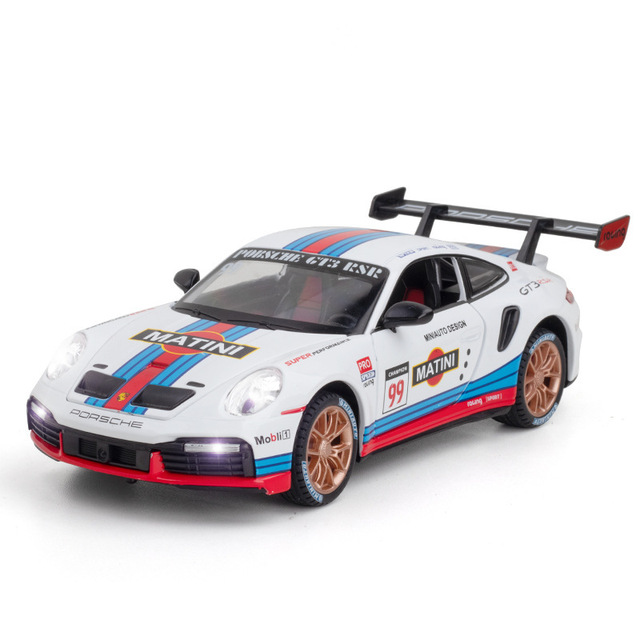 Diecast 1:24 Porch 911 GT3 RSR Supercar with Sound and Light Pullback Doors Open Ornament Decorate Metal Car Model Toys for Kids