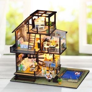 IIECREATE Juego <span class=keywords><strong>de</strong></span> <span class=keywords><strong>casa</strong></span> <span class=keywords><strong>de</strong></span> <span class=keywords><strong>muñecas</strong></span> en miniatura hecha a mano Hermosa Luz <span class=keywords><strong>de</strong></span> madera DIY <span class=keywords><strong>con</strong></span> piscina 3D Modelo ensamblado Muebles para adultos - Product Image 2