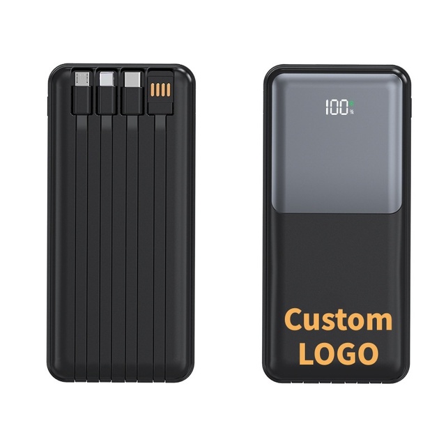 Custom Logo 10000mAh Portable Charger Fast Charging Mini Power Bank 10000mAh 2USB Output Built-in Cable Type-c Micro Input