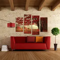 家の装飾のための4つの赤いメープルツリー花の風景キャンバスプリントネイチャーアートワークカナダキャンバスアートポスター画像のセット