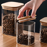 Pot de stockage en verre de cuisine carré à haute teneur en borosilicate pot de bouteilles d'herbes pour épices à café alimentaire avec couvercle en bois de bambou