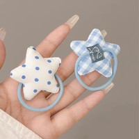 2/4 pièces Anneaux à cheveux bleus à motif étoile à carreaux pour filles, attaches douces pour queue de cheval, petits élastiques en cuir, cordes à cheveux, accessoires capillaires, fraîcheur estivale