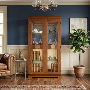 Vitrine traditionnelle en bois massif avec finition naturelle, deux portes vitrées, pour salon, meubles de maison - Product Image 5