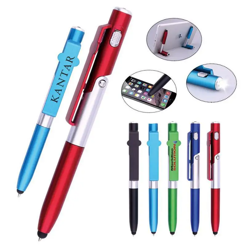 Disesuaikan 4 in 1 fungsi pena cahaya layar sentuh stylus pena dengan tempat ponsel cetak logo untuk promosi hadiah kustom pena logo