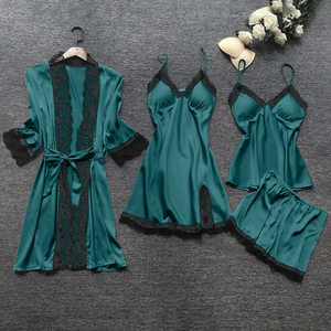Moda seksi <span class=keywords><strong>Nighty</strong></span> 4 adet setleri pijama toptan saten şort kıyafeti kadın dantel iç çamaşırı saten pijama - Product Image 4
