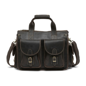 Dujiang Men's Genuine Leather <b>Briefcase</b> Crazy Horse Brown Business Travel Laptop Bag Solid Color Crossbody Shoulder Bag - Product Image 5
