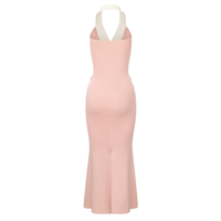 Gaun Maxi Wanita 2026 Model Halter Neck dengan Kancing Kontras, Rajutan Elegan Custom, Dekorasi Kancing, Ramah Lingkungan, Buatan Tangan