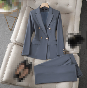 Ensemble <span class=keywords><strong>tailleur</strong></span> <span class=keywords><strong>pantalon</strong></span> élégant pour femme, blazer croisé, coupe ajustée, boutons dorés, idéal pour le bureau et les occasions formelles - Product Image 2