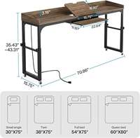 Mesa Ergonómica Ajustable para Cama con Carga, Escritorio Móvil para Cabecera con 2 Cajones, Toma de Corriente y Puertos USB, con Ruedas para Dormitorio