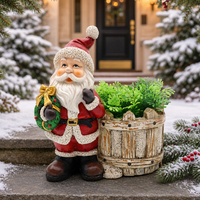 Figurine de Père Noël avec couronne et nœud doré, pot en bois rustique avec verdure, décoration de maison pour les fêtes