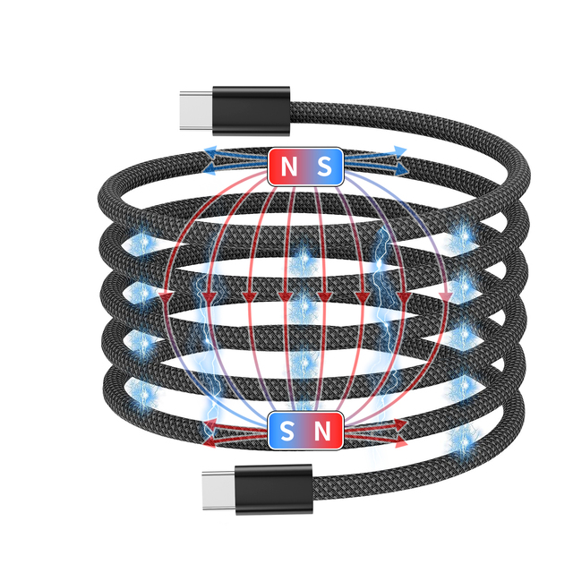 Magnetic USB C Charging Cable 1M 60W Type C to Type C  Cable Nylon Braided Data Transfer Fast Charging Cord Retractable