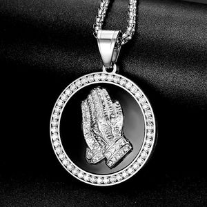 Collier pendentif main de prière Hip Hop en acier inoxydable plaqué or avec micro-incrustations de zircon, bijou unisexe, cadeau - Product Image 3