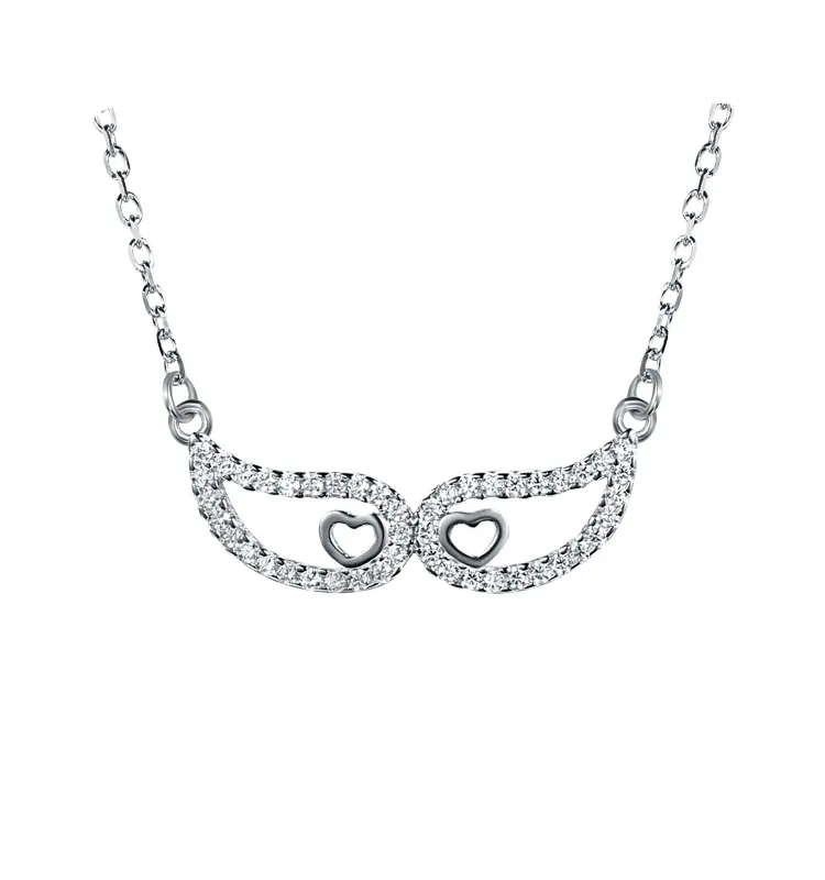 Hadiah Hari Valentine 925 Perak Murni Perhiasan Kalung Simbol Cinta Desain Hati Ganda Sayap Malaikat dengan Bling Cz