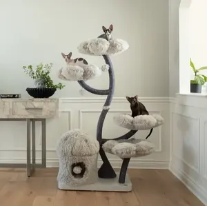 Tour d'arbre de Noël de chat floral de fleur en bois solide de luxe personnalisé, arbre de condo d'escalade de chat en bois moderne