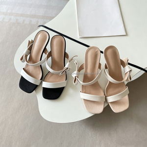 Escarpins à bride en T pour femme, style luxueux, bout carré, talon carré, sandales à enfiler avec nœud décoratif, tige respirante, chaussures d'été - Product Image 3