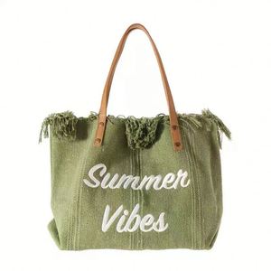 Bolsa de Lona de Gran Capacidad con Flecos y Bordado 'Summer Vibes' para Mujer, Uso Diario y de Playa - Product Image 2