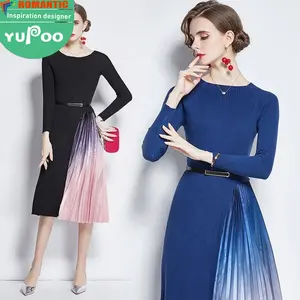Gaun Wanita Baru 2021 Baju Modis Elegan Gaun Kasual Leher Bulat Lengan Panjang Bottoming Dalam Stok Tersedia