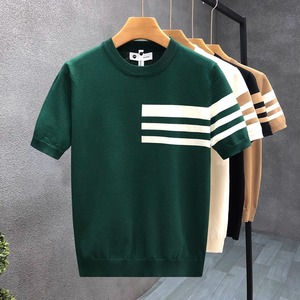 T-shirt tricoté à manches courtes pour homme, style décontracté d'été, rayé, coupe ajustée simple, idéal pour le dropshipping - Product Image 4