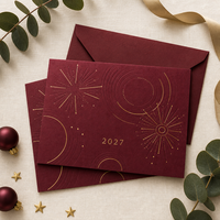 Carte de vœux personnalisée 2027 en carton bordeaux avec papier artistique géométrique, gaufrage à chaud or, enveloppe et pochette de protection, impression de logo OEM