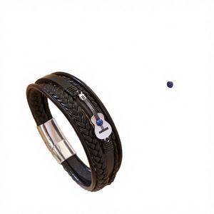 Handmade 5 Layer Braided Leather Bracelet with Stainless Steel Violin Charm Punk Style Geometric Black Gun Plated <b>for</b> <b>Men</b> Women - Product Image 4