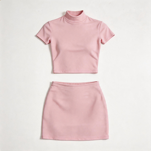 Ensemble deux pièces pour femme en coton et élasthanne, respirant et doux, avec <span class=keywords><strong>t</strong></span>-<span class=keywords><strong>shirt</strong></span> à manches courtes et mini-jupe-short, idéal pour les loisirs quotidiens, personnalisable avec logo - Product Image 4
