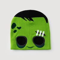 Bonnet en tricot jacquard à motif crâne et yeux creux pour Halloween, 100 % acrylique, style masque amusant, idéal pour les fêtes d'Halloween, le cosplay et les costumes de rue