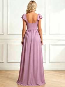 Fabricant de robes de soirée longues sur mesure à volants, manches courtes, col en V, froncées et à fente haute pour la vente en gros - Product Image 2