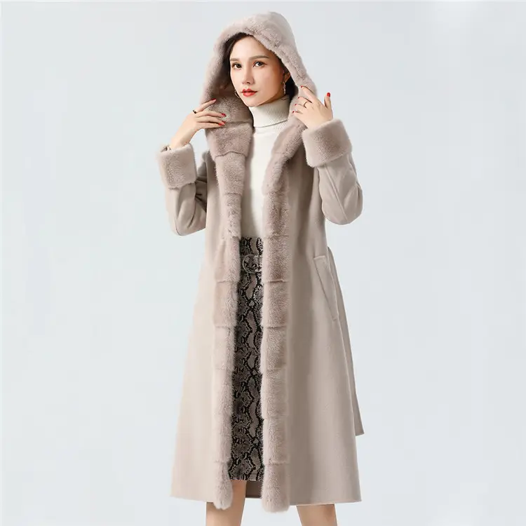 New Handmade Real Hooded Long Fur Jacket Women Winter Cashmere Wool Coats with Mink Fur Trim