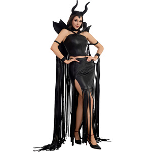 <span class=keywords><strong>Disfraz</strong></span> de Maléfica para <span class=keywords><strong>Mujer</strong></span>, Traje de Cuero Negro con Capa de Borlas y Diadema con Cuernos - Product Image 3
