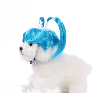 New Pet Blue Solid Polyester Wig for Cats & Dogs-Summer/Winter Breathable Halloween Double Ponytail Straight Hair - Product Image 5