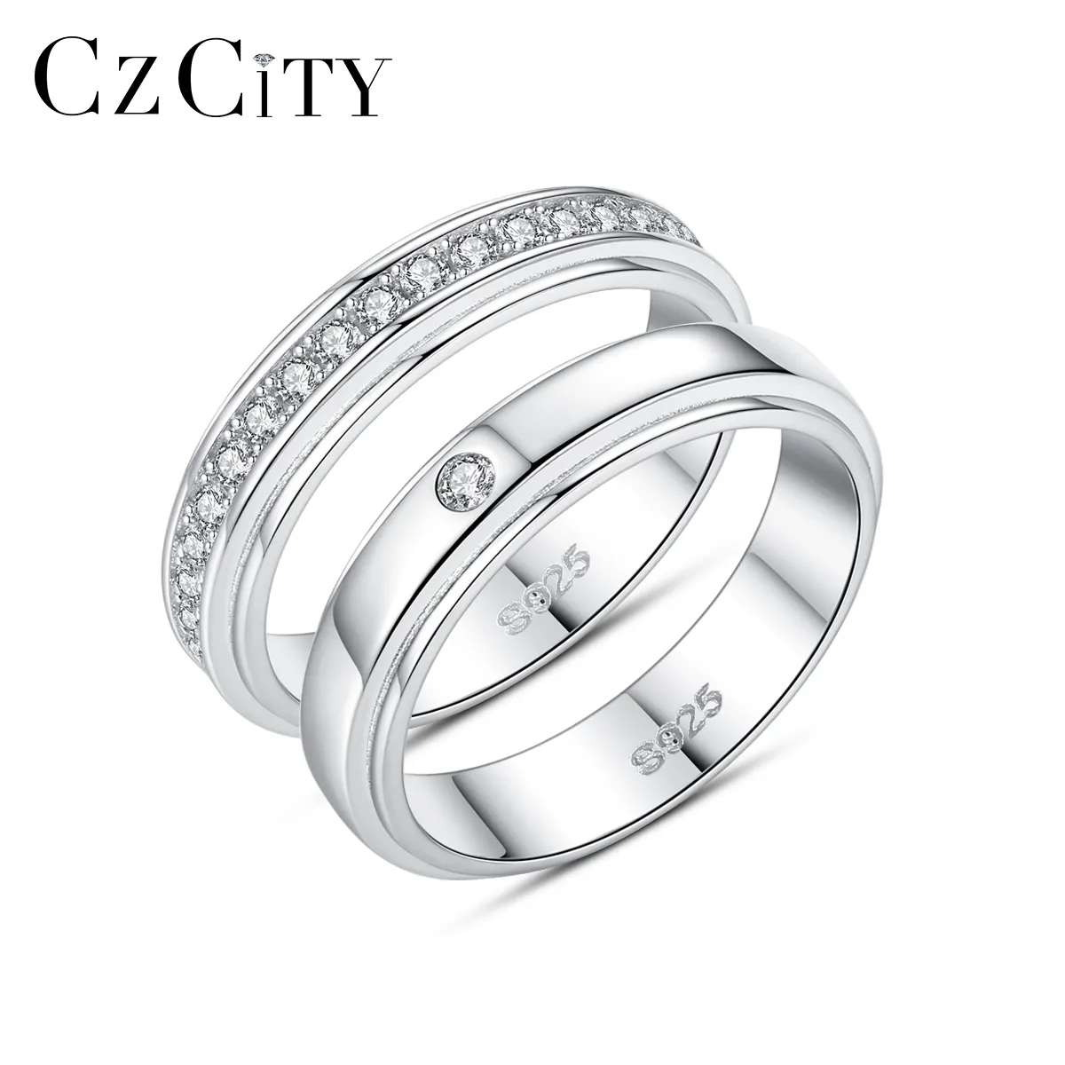 CZCITY 925 Sterling Silver New Trendy Unique Man Engagement Zirconia Finger Woman Couple Wedding Ring Set
