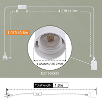 Cordon d'alimentation avec interrupteur et douille E27 en ABS de 1,8 m, prise EU, pour ampoules LED suspendues, luminaires et suspensions.