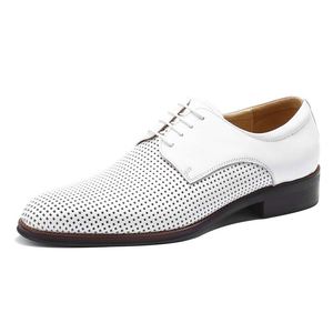 Chaussures Oxford en cuir véritable pour hommes, blanches, bout rond, respirantes, chaussures de bureau d'été, à lacets, semelle en caoutchouc - Product Image 2