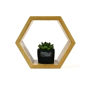 Decoração de parede decorativa de bambu ecológica para casa, prateleiras flutuantes, formato hexagonal geométrico