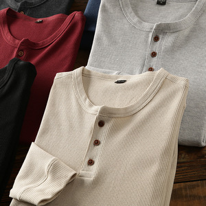 Original de fábrica personalizar hombres <span class=keywords><strong>manga</strong></span> <span class=keywords><strong>larga</strong></span> de punto de algodón cuello Henley Diseño 3 botones estilo Waffle camiseta - Product Image 6