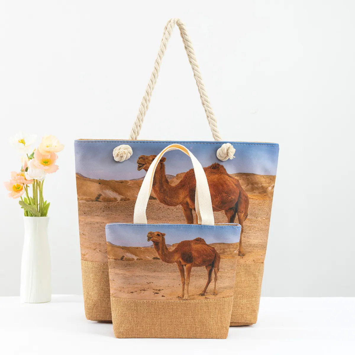 Toptan özel Logo tropikal deve baskı plaj halat kolu ile kanvas çanta yaz fermuar seyahat Tote omuzdan askili çanta