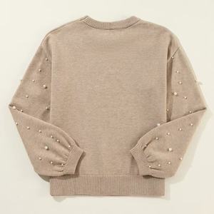 Suéter de cuello redondo de lujo para mujer con decoración de perlas transpirable tamaño XS suéter de cuello redondo de moda para invierno - Product Image 6