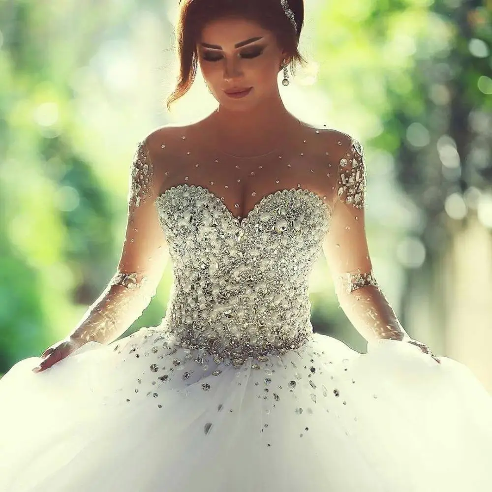 Sweetheart Pedreria Para Vestidos De Novia Long Aleeved Lace Diamond Wedding Dress