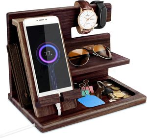 Regali per uomini che hanno <span class=keywords><strong>tutto</strong></span>: stazione di ricarica in legno per telefono, portachiavi, porta portafoglio, supporto per orologio, organizer da comodino - Product Image 1