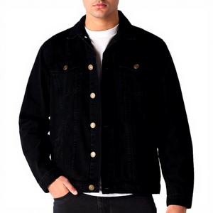 Chaqueta de Mezclilla Negra para Hombre, Estilo Casual, Cuello Camisero, Cierre de Botones, Algodón Lavado, Corte Regular, Estilo Otoñal - Product Image 1