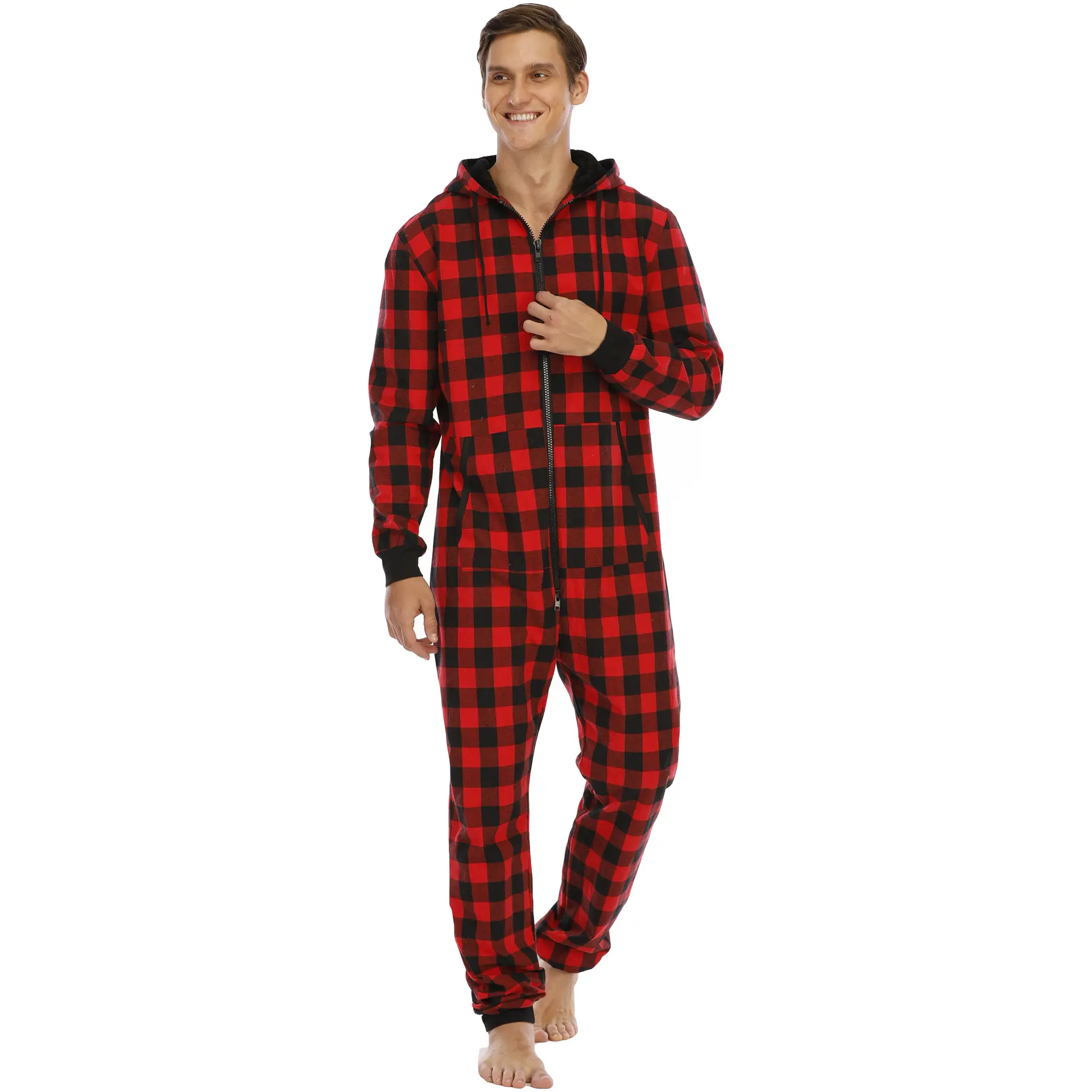 New Design Adult Onesie One-Piece Pajama, Custom Plaids Jumpsuits Men Yummy Christmas Pajama Sleepwear Set