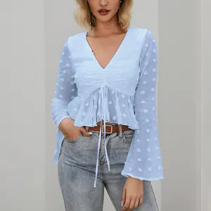 Novidades por atacado em retalhos, blusa de manga bufante feminina elegante e fofa camisas de malha de leopardo/