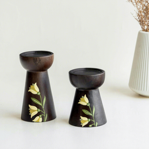 Handcrafted <b>Wooden</b> Candle Holder Set of 2 with Floral Hand Painted Design Rustic Dark Wood Pillar Candle Stand for Home Decor - Product Image 5
