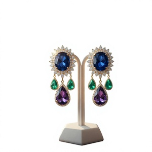 Boucles d'oreilles pendantes vintage en argent tibétain coloré avec diamants, pendentif goutte d'eau bleu, violet, vert, bijoux pour femme pour fête chrétienne - Product Image 3