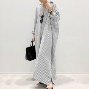 Vestido camisero suelto a rayas de verano con botones, vestido maxi de oficina para mujer de talla grande - Product Image 1