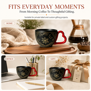 Mug en céramique personnalisé sur mesure, noir mat, avec gravure d'étoiles et de lunes célestes, poignée en forme de cœur rouge, cadeau original pour la Saint-Valentin - Product Image 5